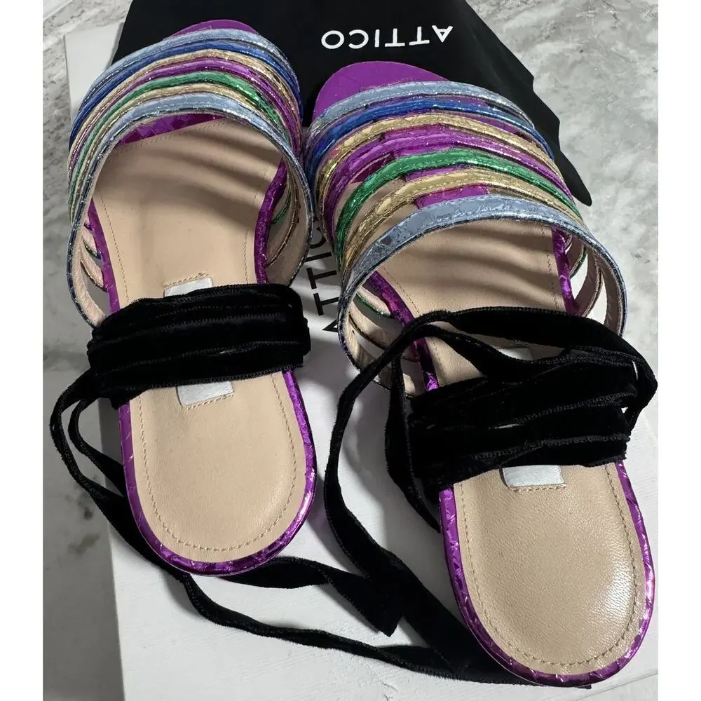 New Attico Rainbow Metallic Strappy Flat Slide on Sandals Size 35